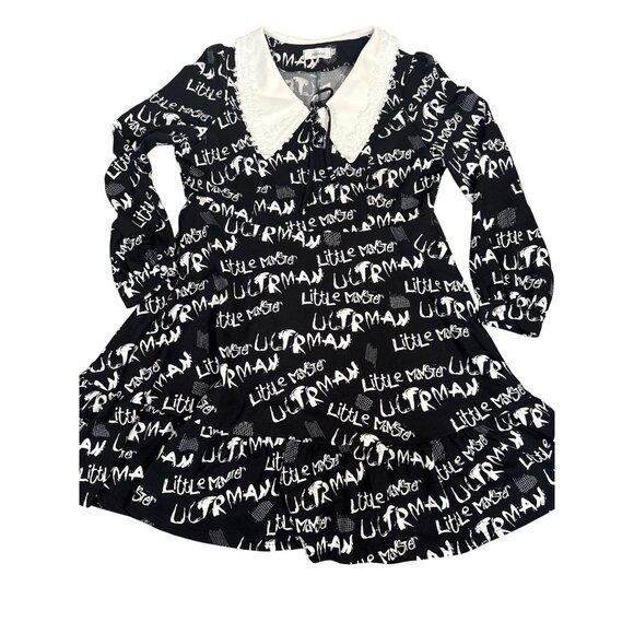 Mellowrani Little Monster Long Sleeve Dress Black & White Cotton Blend Letters - Picture 3 of 12